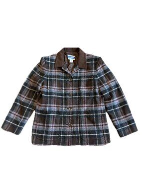 Pendelton Brown Plaid Wool Jacket Coat Contrast Collar Pockets Size 10 Women's